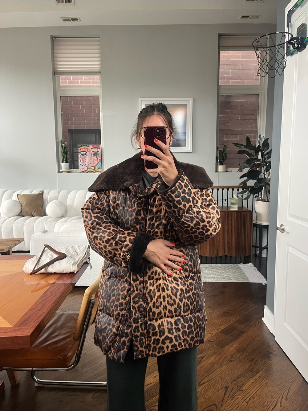 bill blass Leopard Print Puffer Coat with Dark Brown Faux Fur Collar